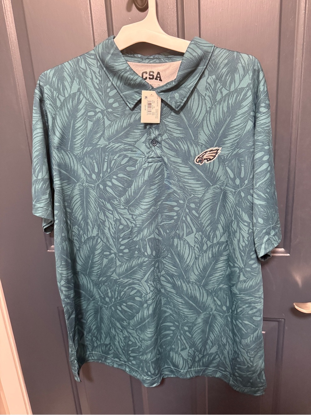 Men's Teal Tropical-Print Polo with Embroidered Eagles Patch